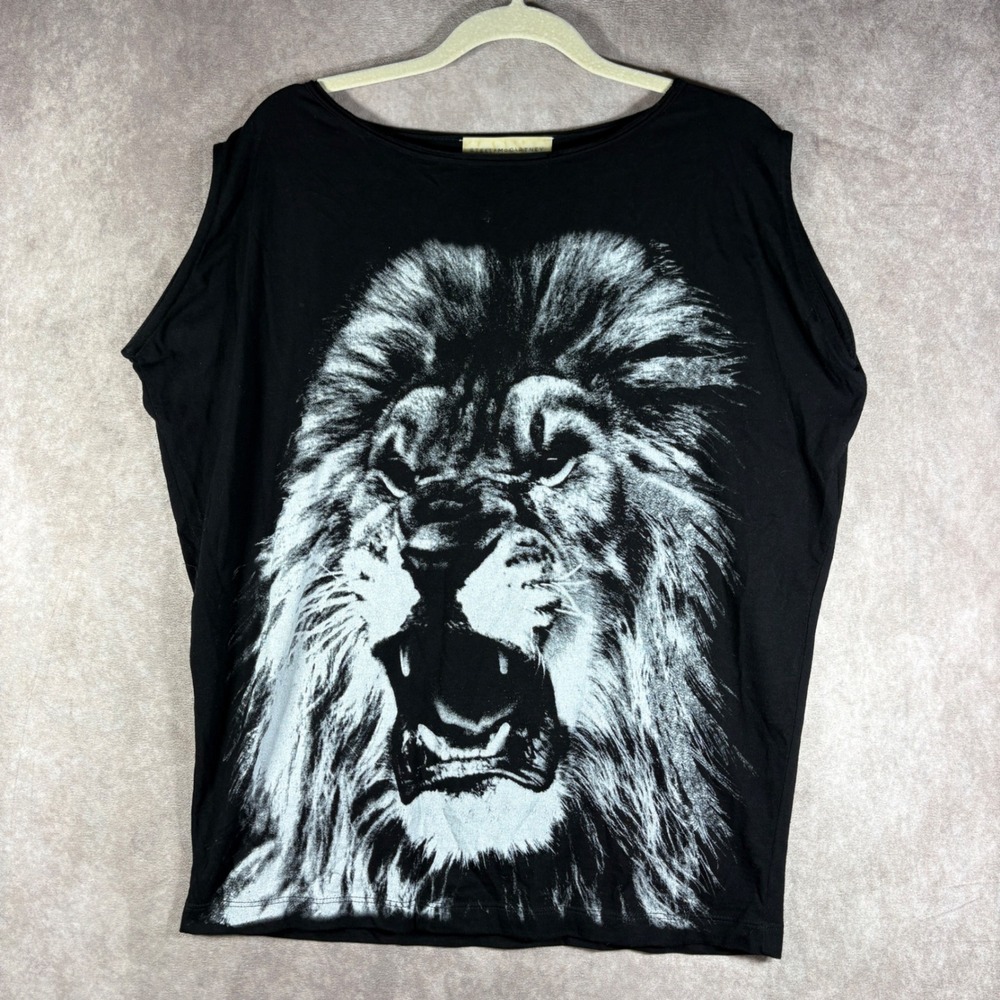 Stella McCartney Top Womens Large Black Lion Graphic Sleeveless Tee Art Italy
